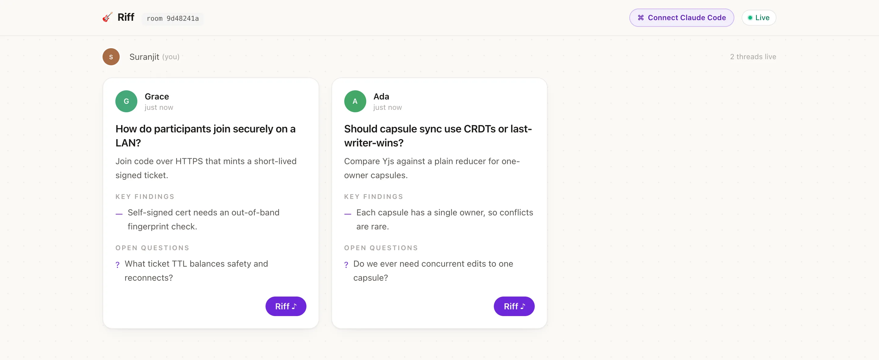 The Riff board showing two context capsules side by side, each with an objective, key findings, open questions and a Riff button