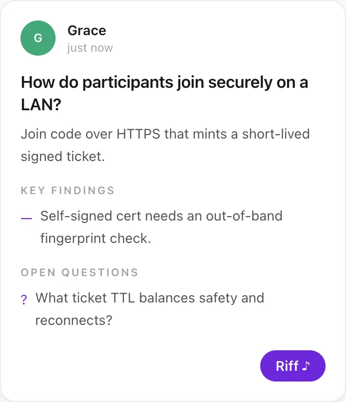 A single context capsule card: author Grace, objective about joining securely on a LAN, one key finding, one open question, and a Riff button
