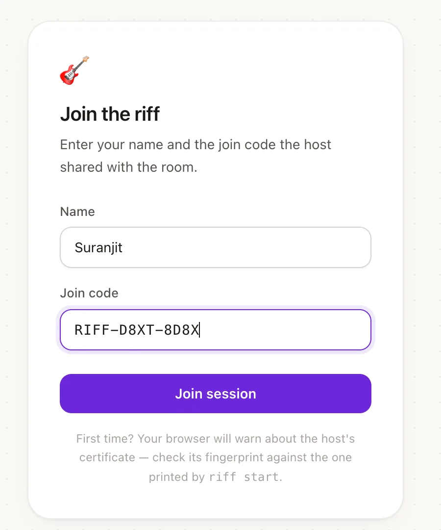 The Riff join screen asking for a name and a join code, with a note about verifying the host certificate fingerprint